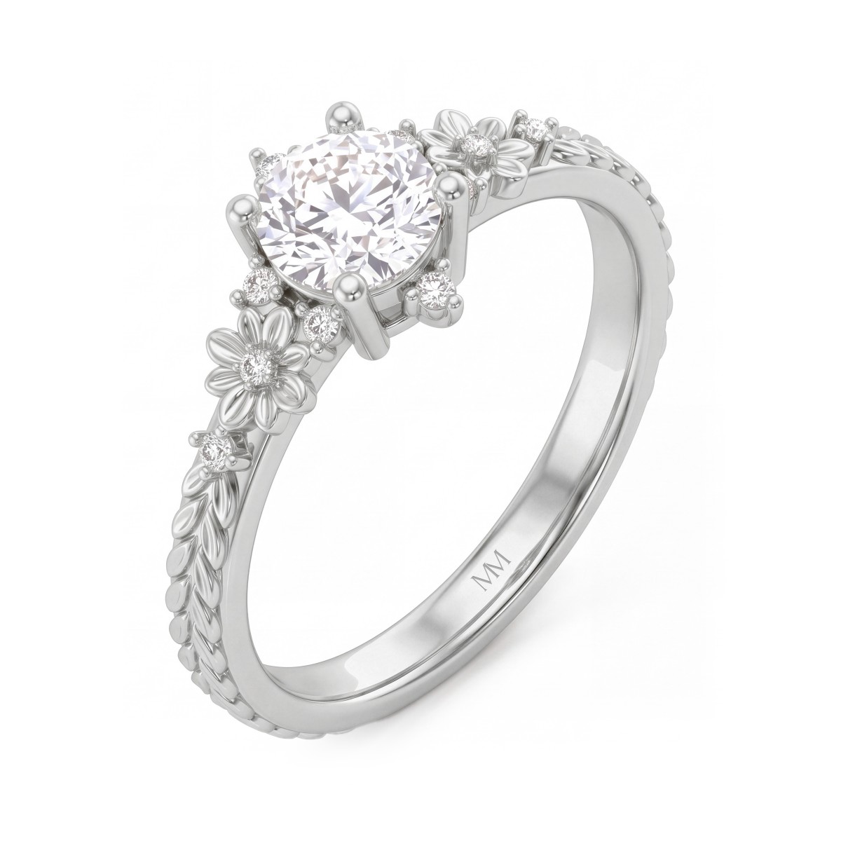 Primrose - anello vintage con moissanite rotonda e spalle floreali