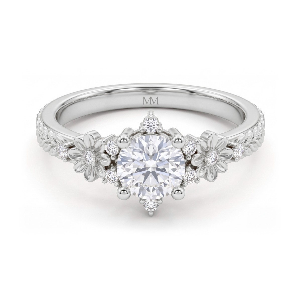 Primrose - anello vintage con moissanite rotonda e spalle floreali