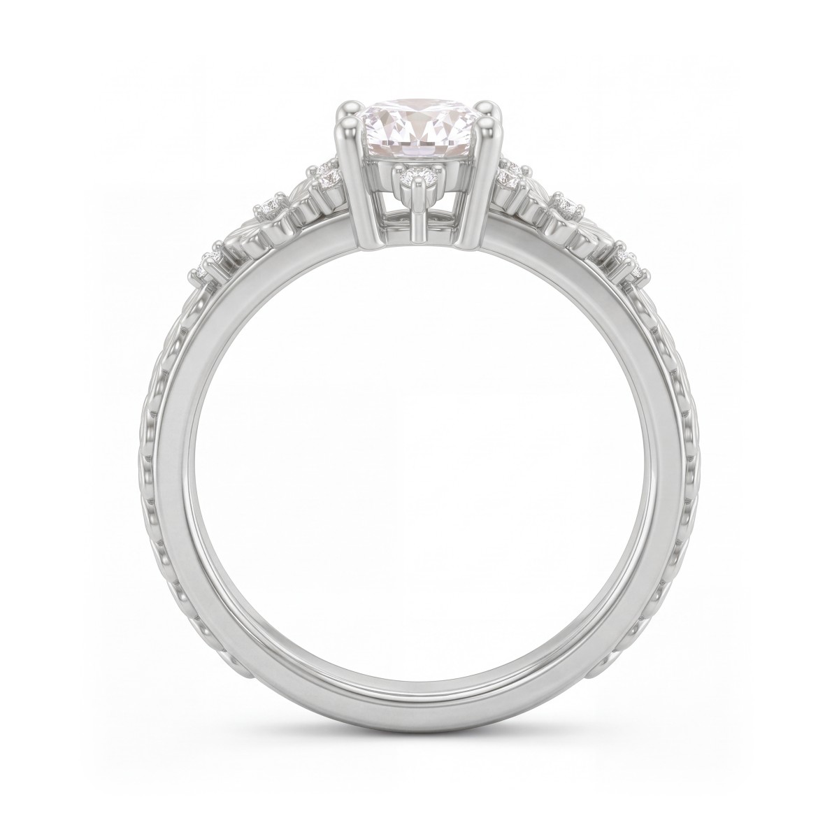 Primrose - anello vintage con moissanite rotonda e spalle floreali