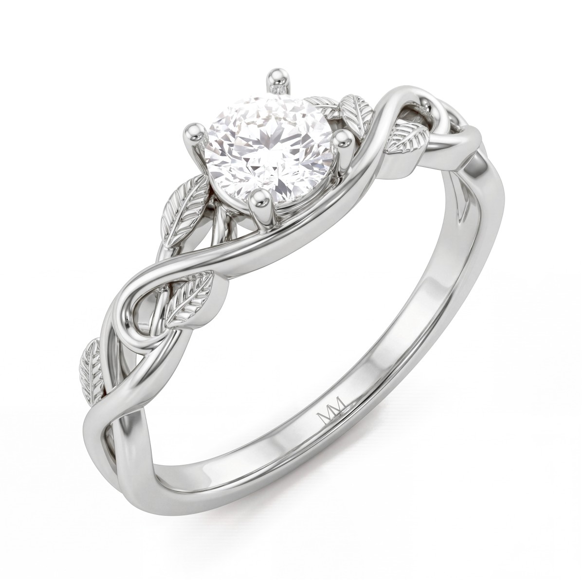 Ivy - anello di fidanzamento con moissanite rotonda e spalle a tralcio di foglie