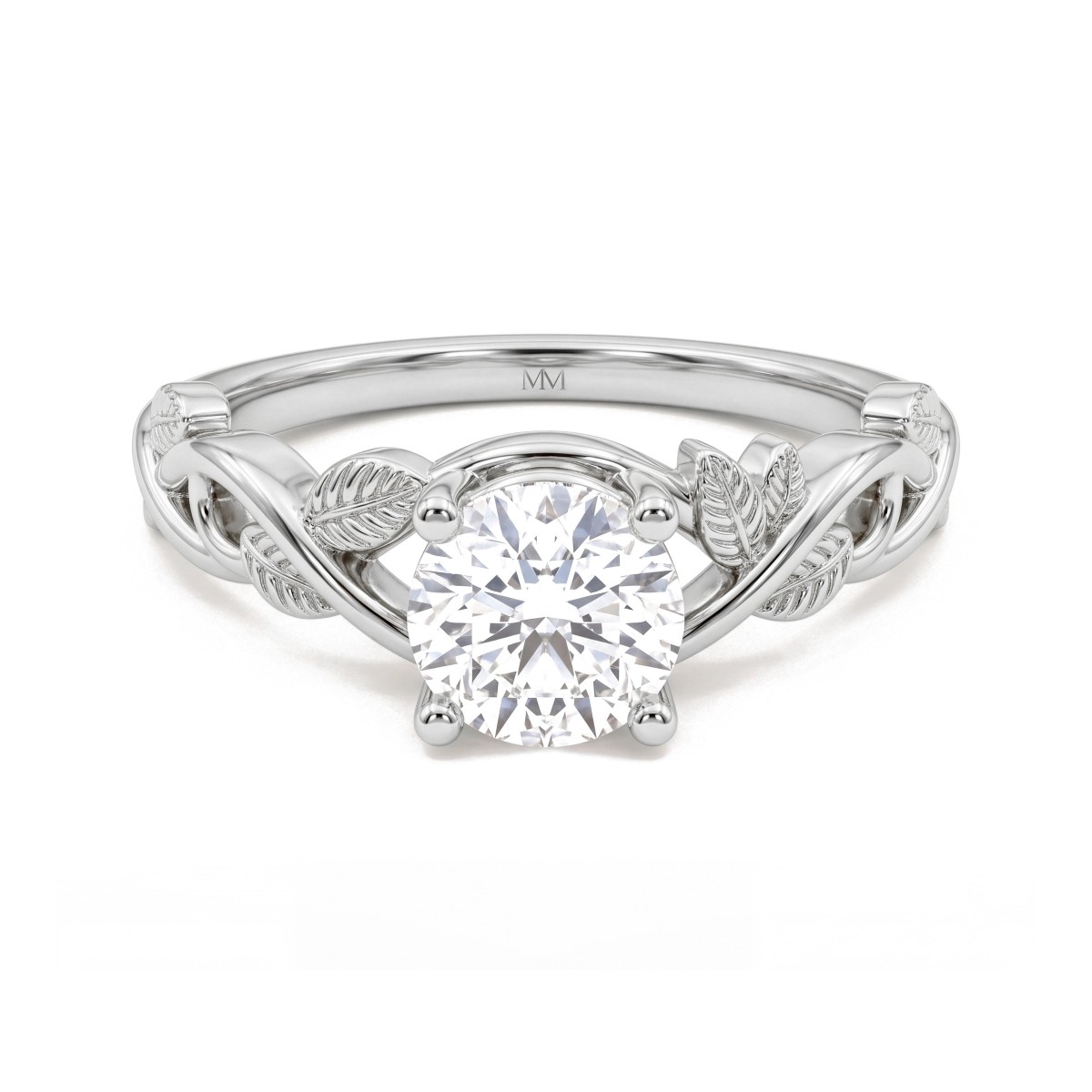 Ivy - anello di fidanzamento con moissanite rotonda e spalle a tralcio di foglie
