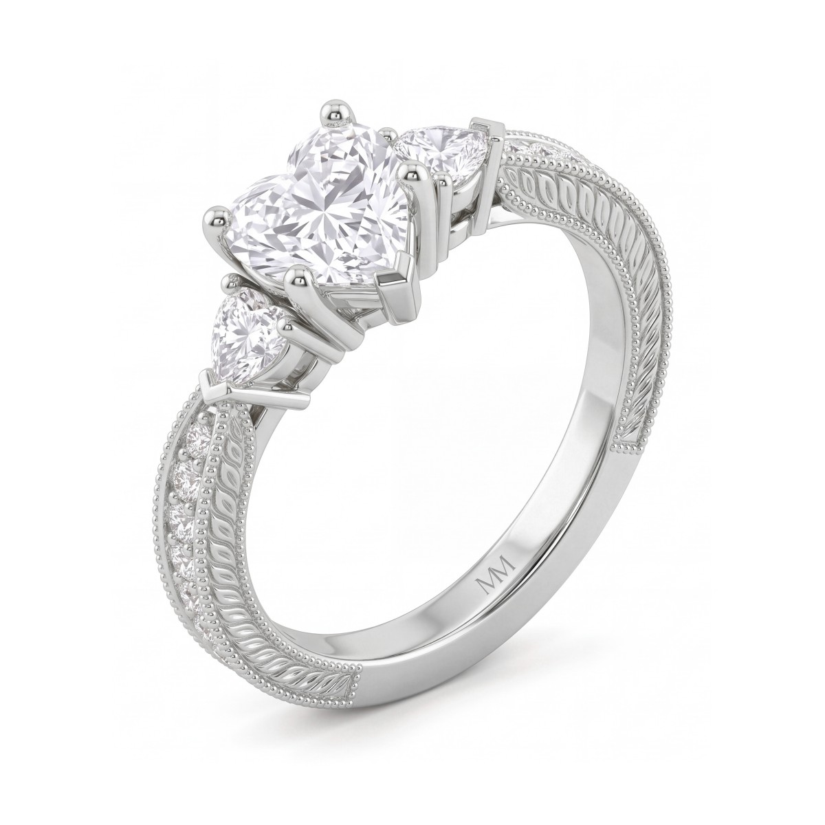 Cherie - anello con moissanite taglio a cuore e pietre laterali a cuore