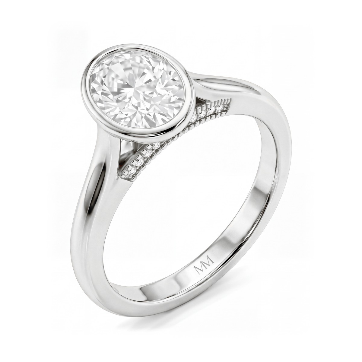 Camille - anello con moissanite ovale, incastonatura a castone e galleria traforata