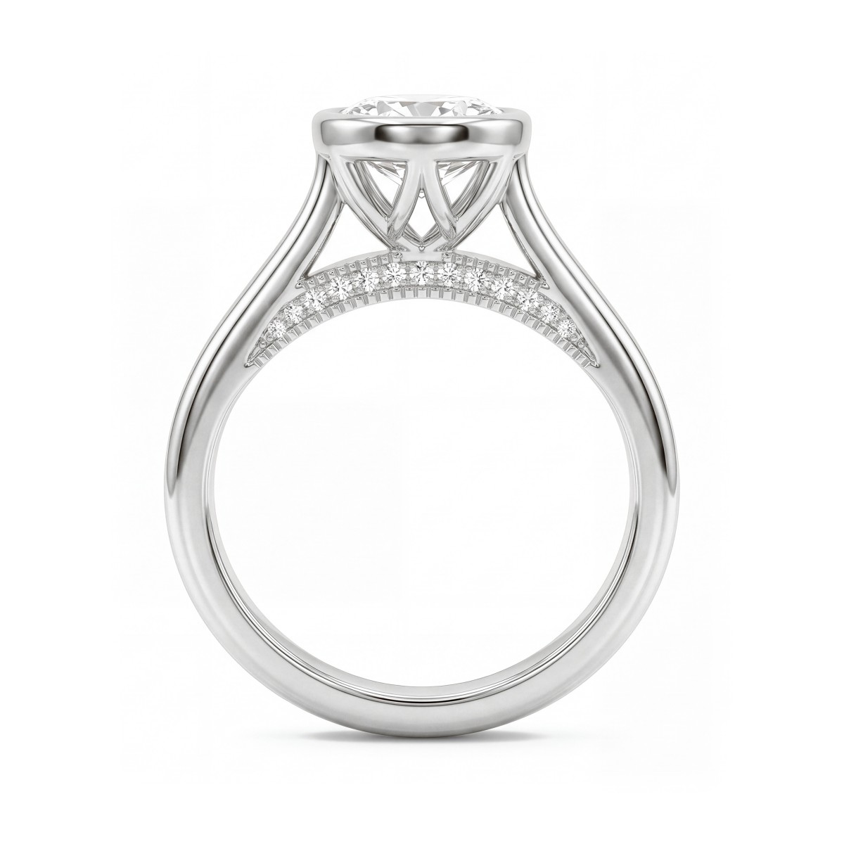 Camille - anello con moissanite ovale, incastonatura a castone e galleria traforata
