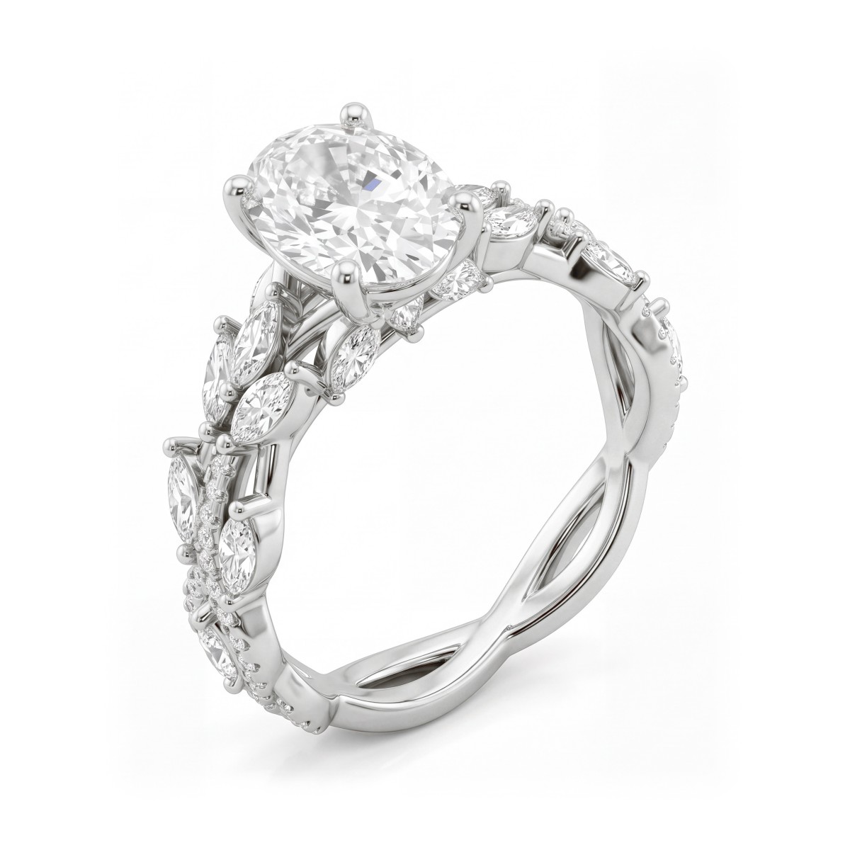 Wisteria - anello con moissanite ovale e corpo dell’anello a tralcio intrecciato