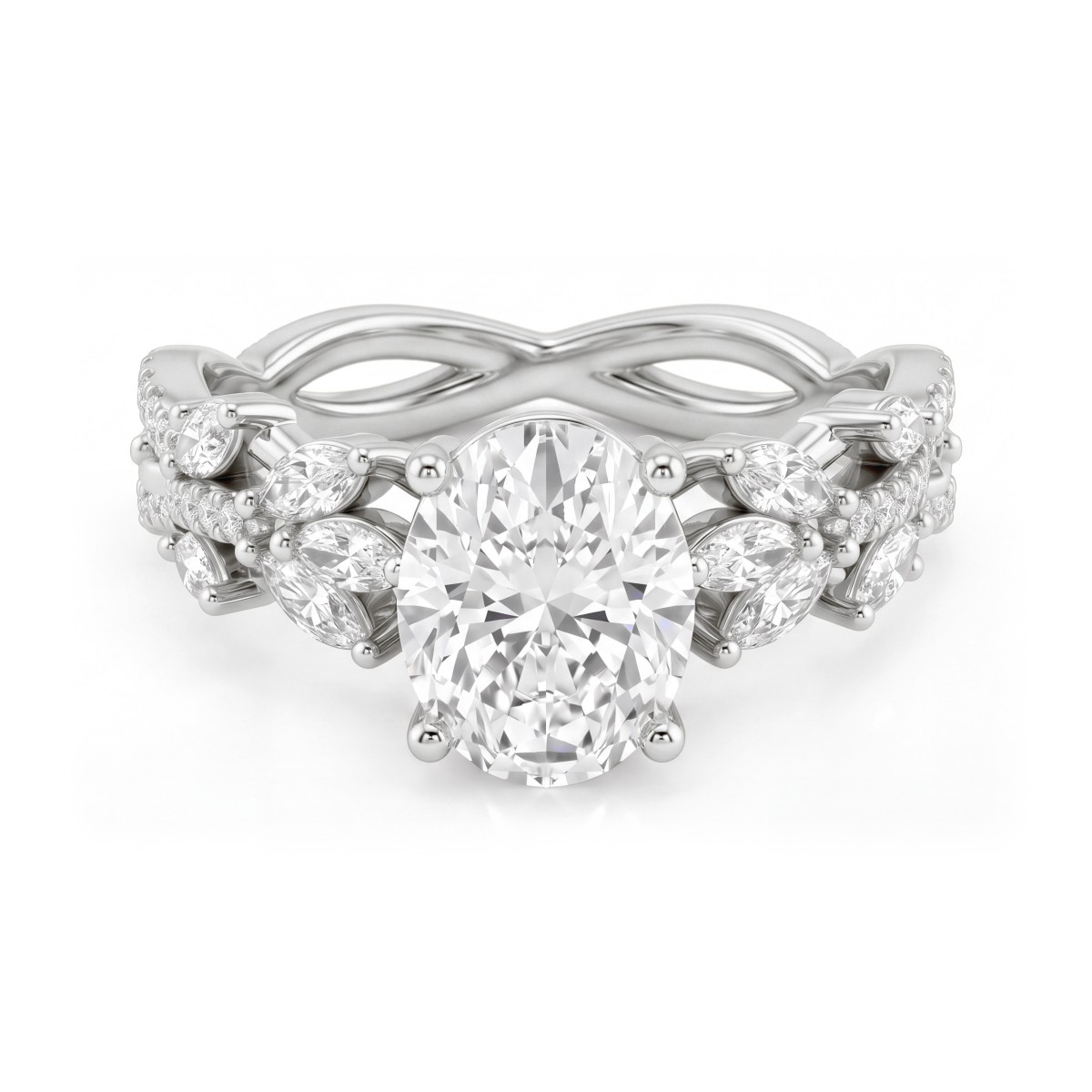 Wisteria - anello con moissanite ovale e corpo dell’anello a tralcio intrecciato