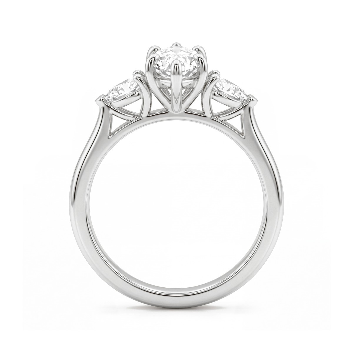 Navette - anello di fidanzamento trilogy con moissanite marquise e pietre laterali a goccia rivolte verso l’esterno