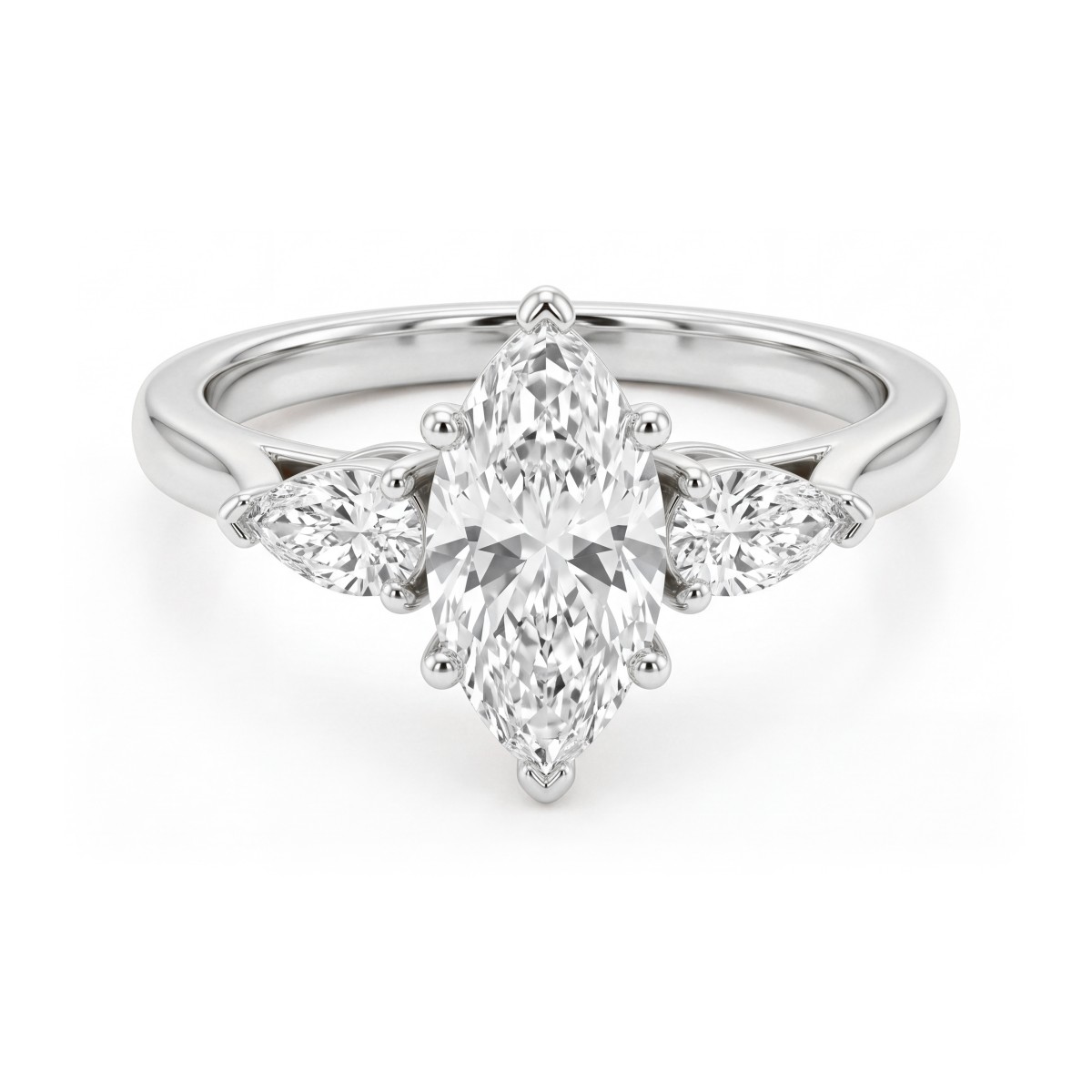 Navette - anello di fidanzamento trilogy con moissanite marquise e pietre laterali a goccia rivolte verso l’esterno