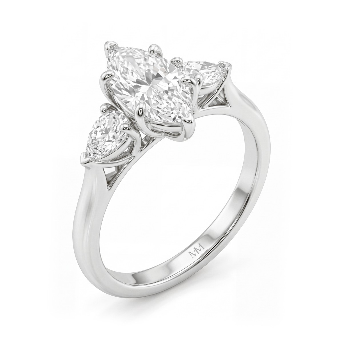 Navette - anello di fidanzamento trilogy con moissanite marquise e pietre laterali a goccia rivolte verso l’esterno
