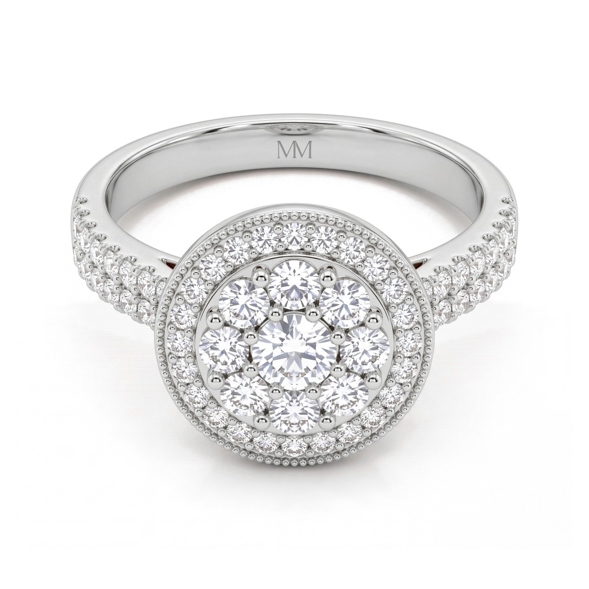 Corollina - anello con cluster rotondo di moissanite, halo e spalle con pavé