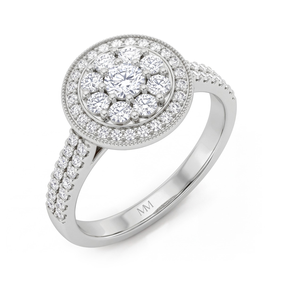 Corollina - anello con cluster rotondo di moissanite, halo e spalle con pavé