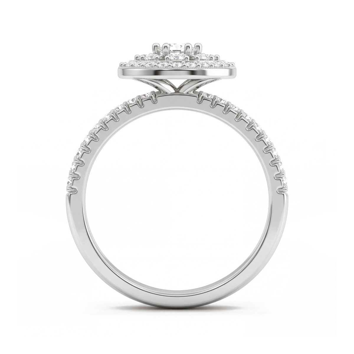 Corollina - anello con cluster rotondo di moissanite, halo e spalle con pavé