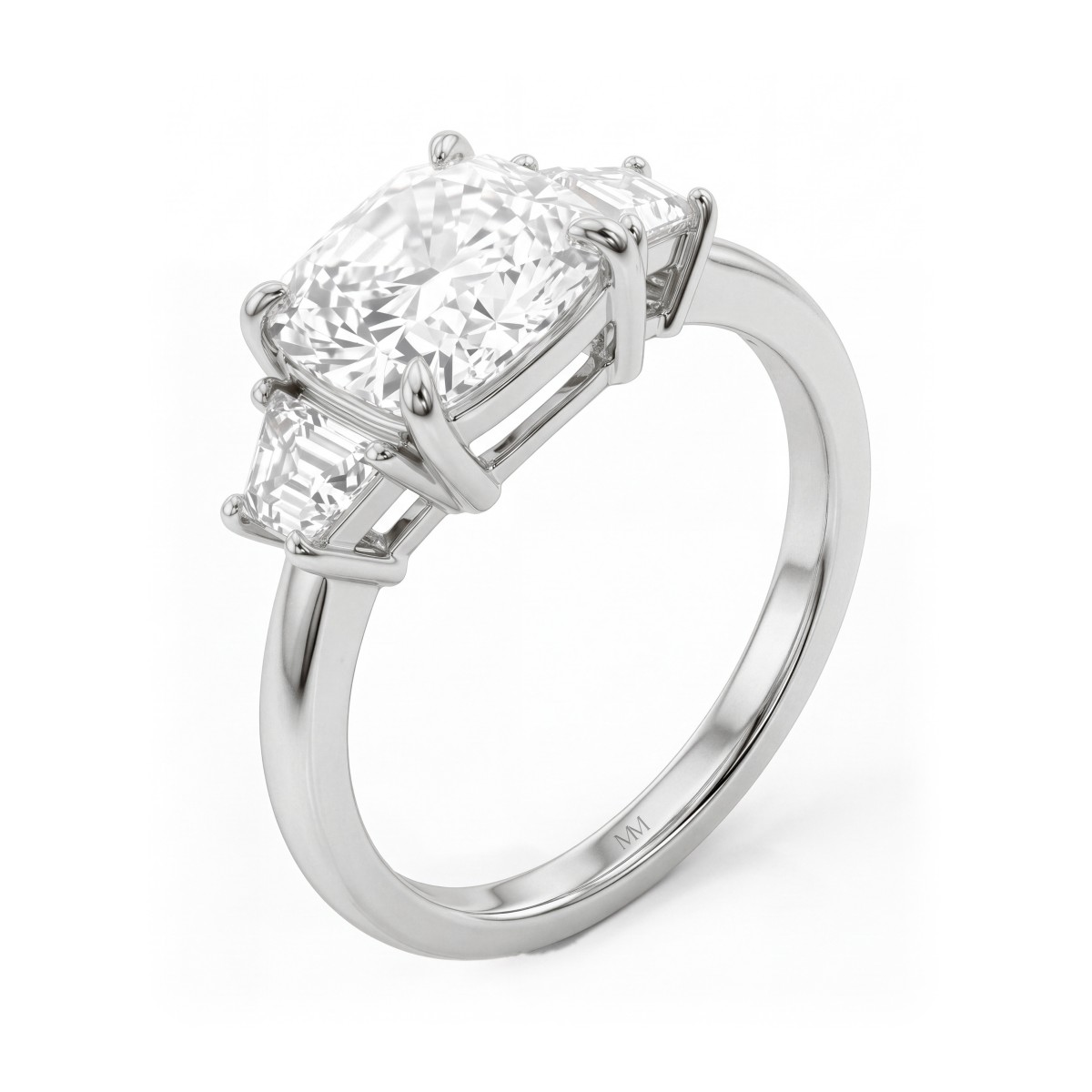 Trinity - anello trilogy con moissanite a cuscino e pietre laterali a trapezio