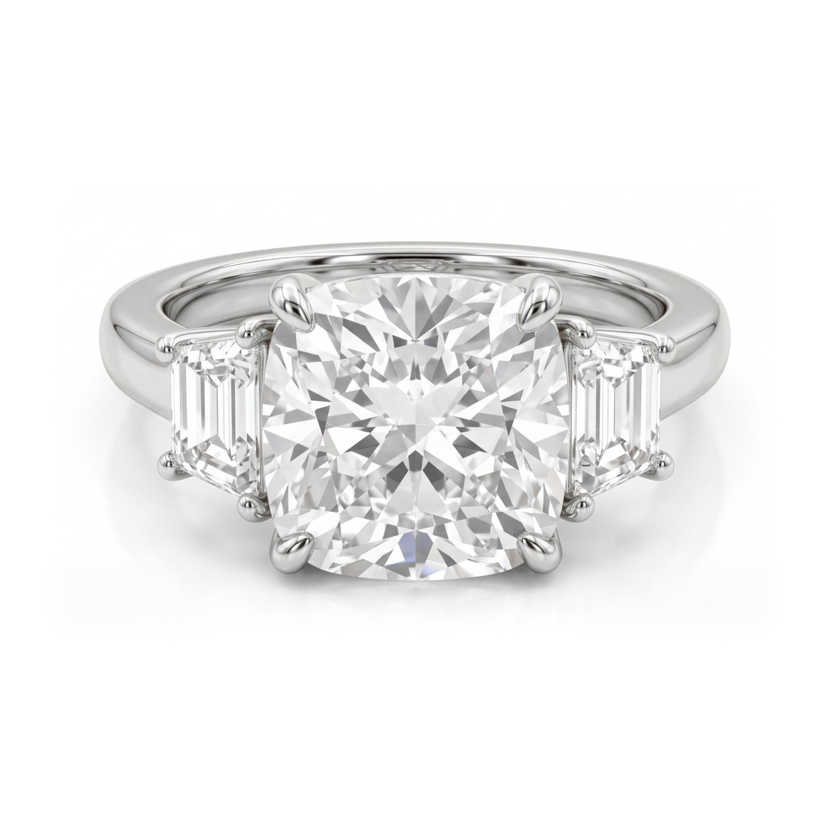 Trinity - anello trilogy con moissanite a cuscino e pietre laterali a trapezio