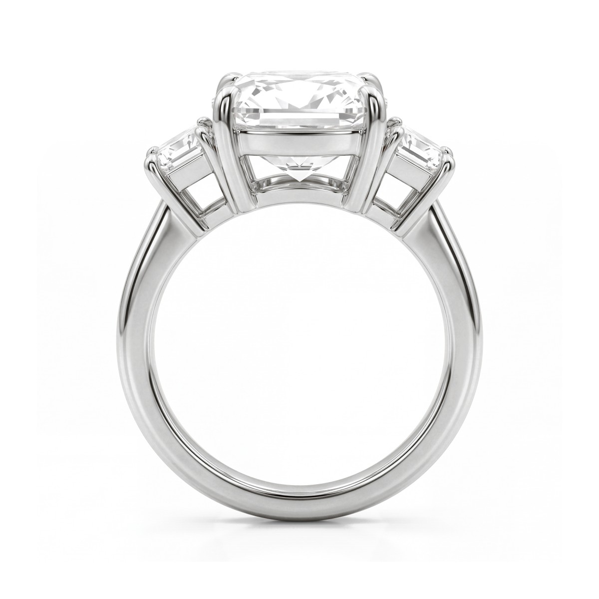 Trinity - anello trilogy con moissanite a cuscino e pietre laterali a trapezio