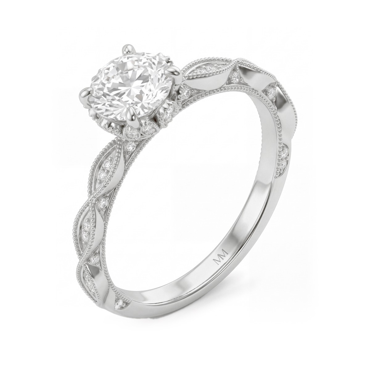 Plume - anello vintage con moissanite rotonda e colletto a forma di loto con pavé