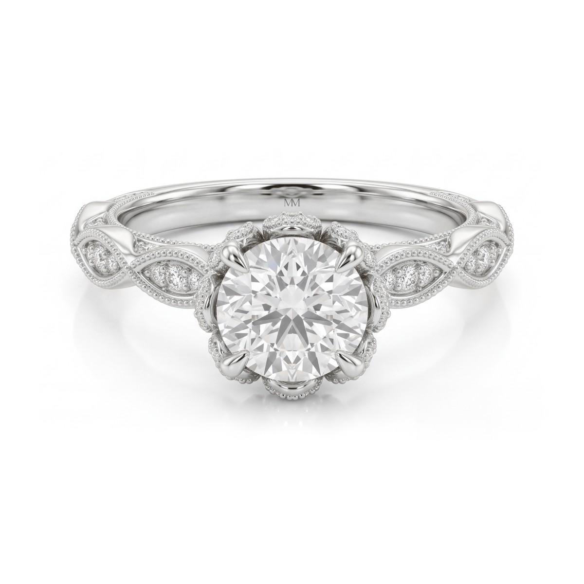 Plume - anello vintage con moissanite rotonda e colletto a forma di loto con pavé