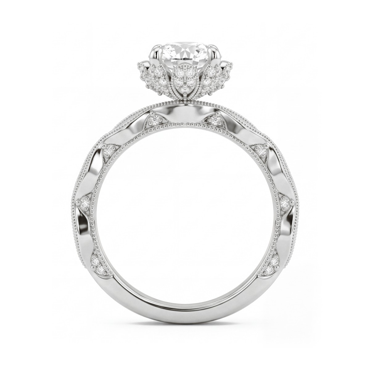 Plume - anello vintage con moissanite rotonda e colletto a forma di loto con pavé