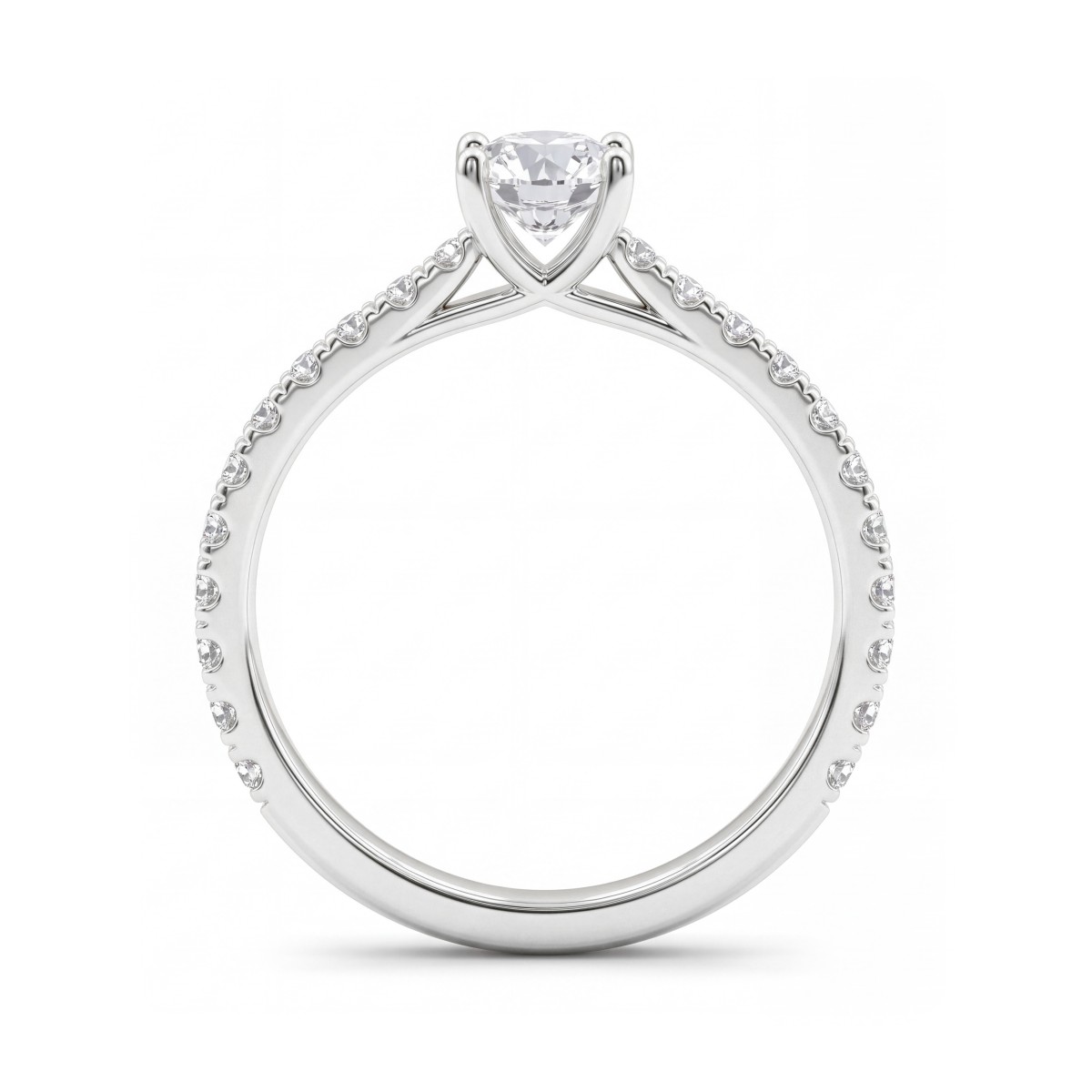 Juliette - anello di fidanzamento con moissanite rotonda e corpo dell’anello con pavé