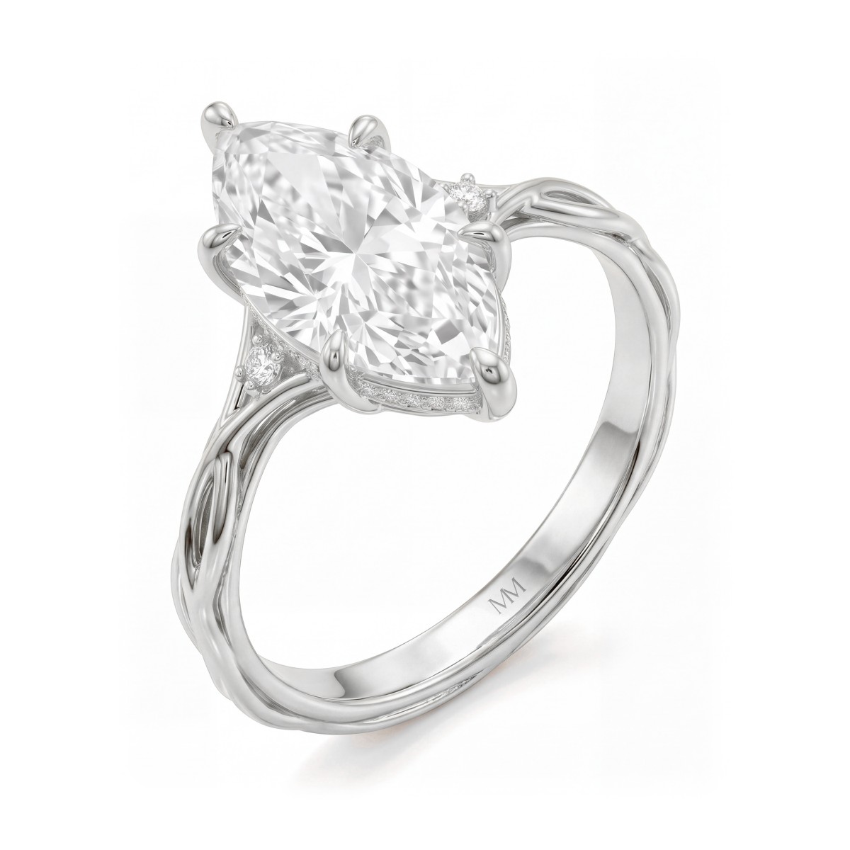 Hazel - anello con moissanite marquise e corpo dell’anello a ramo ritorto