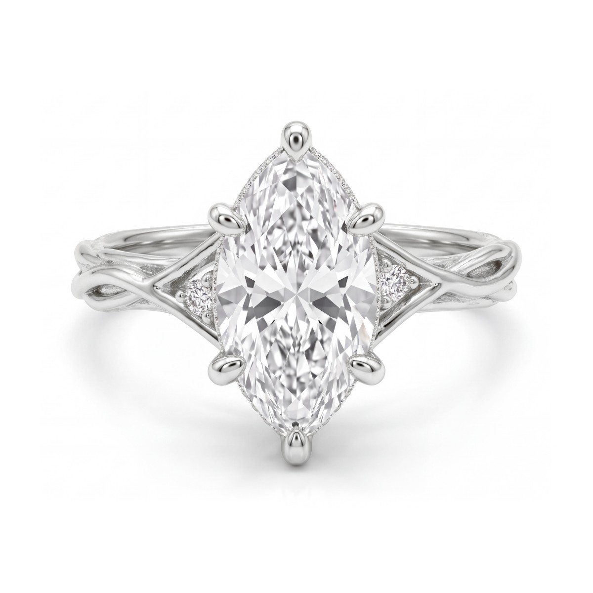 Hazel - anello con moissanite marquise e corpo dell’anello a ramo ritorto