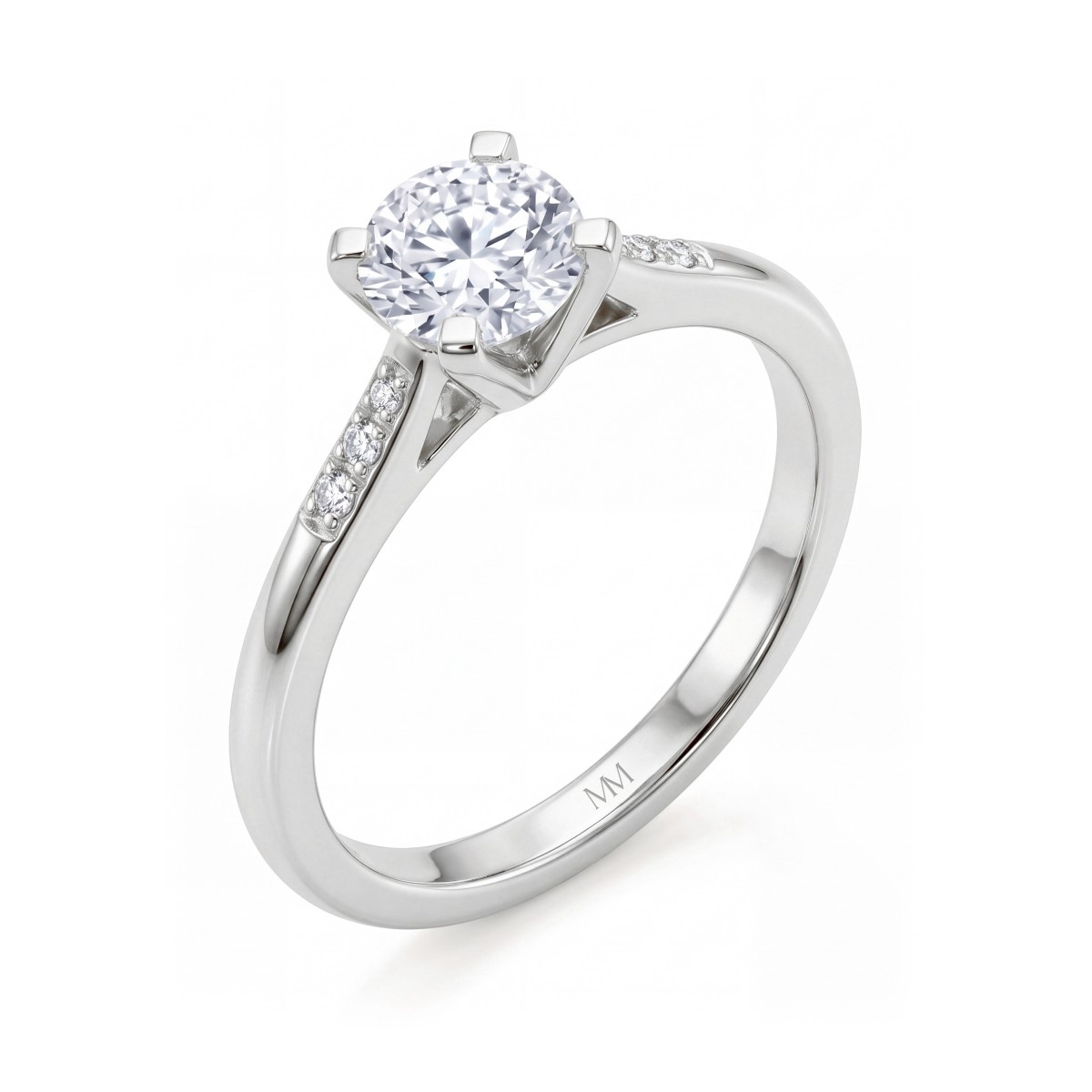 Melodie - anello con moissanite rotonda e pietre laterali a scalare