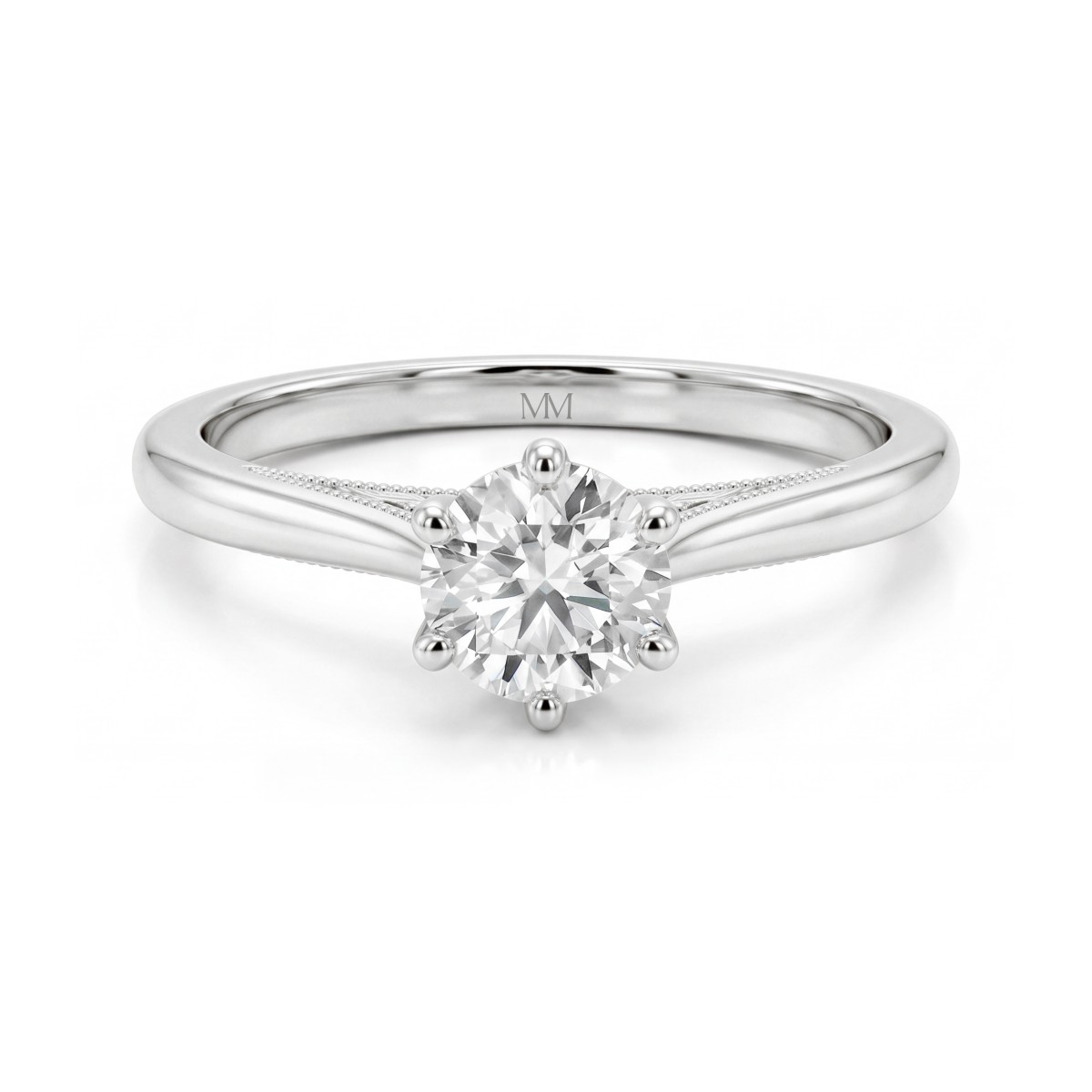 Lotella - anello di fidanzamento con moissanite rotonda e cestello intagliato a fiore di loto