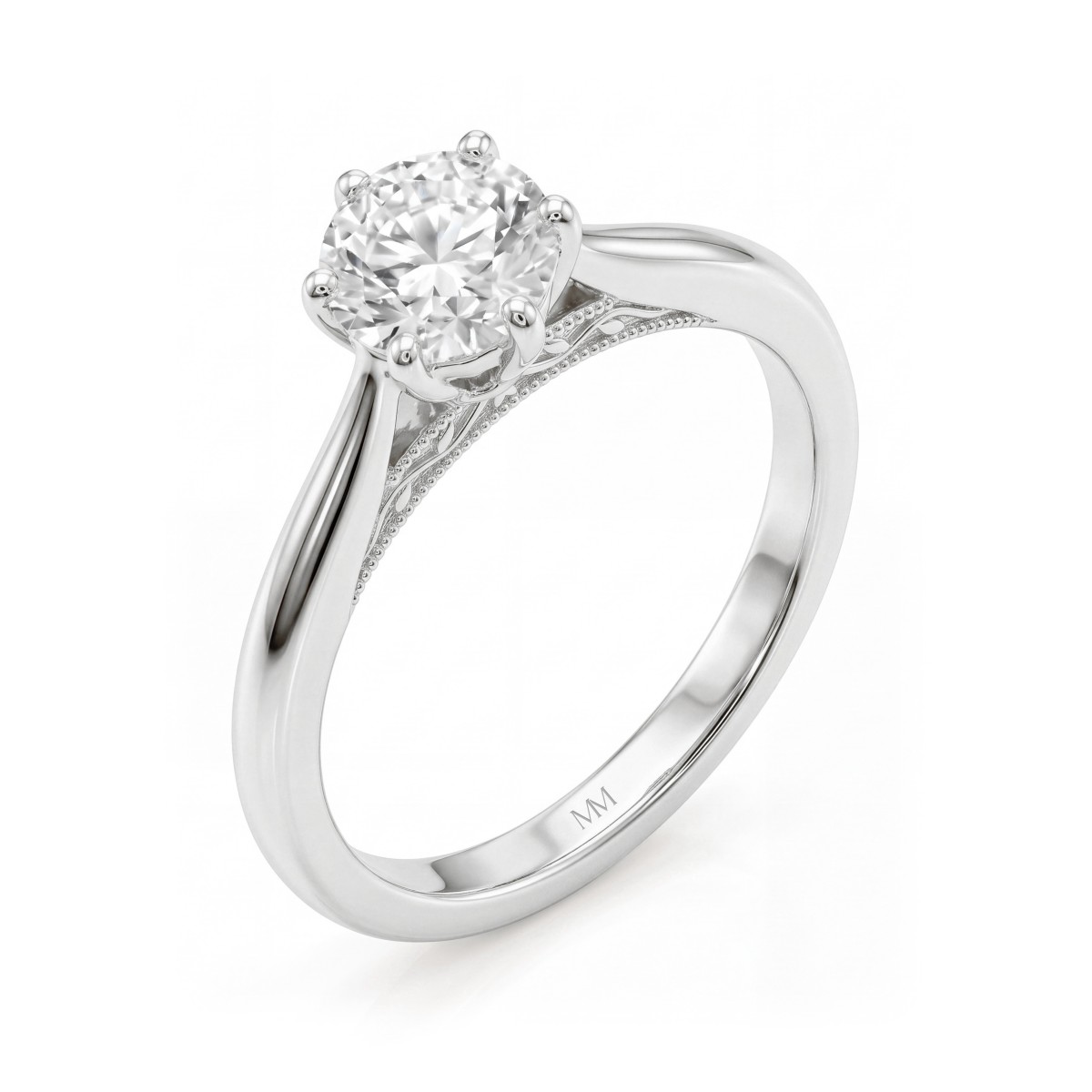 Lotella - anello di fidanzamento con moissanite rotonda e cestello intagliato a fiore di loto