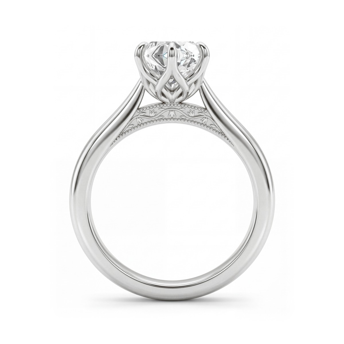 Lotella - anello di fidanzamento con moissanite rotonda e cestello intagliato a fiore di loto