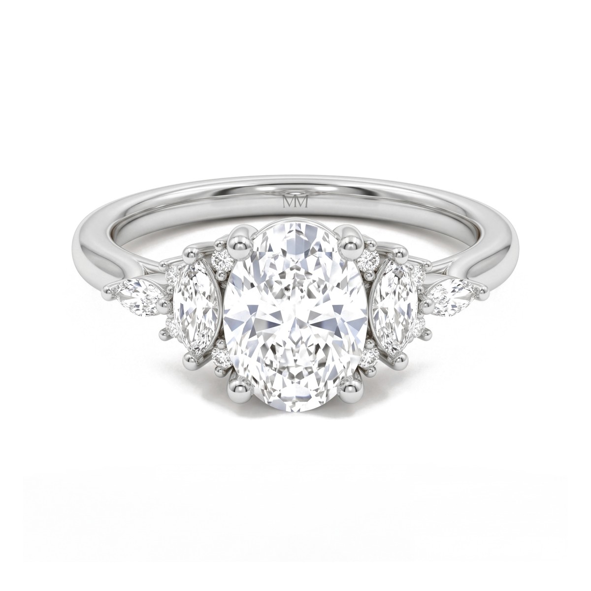 Ondine - anello con moissanite ovale e spalle con pietre marquise a grappolo