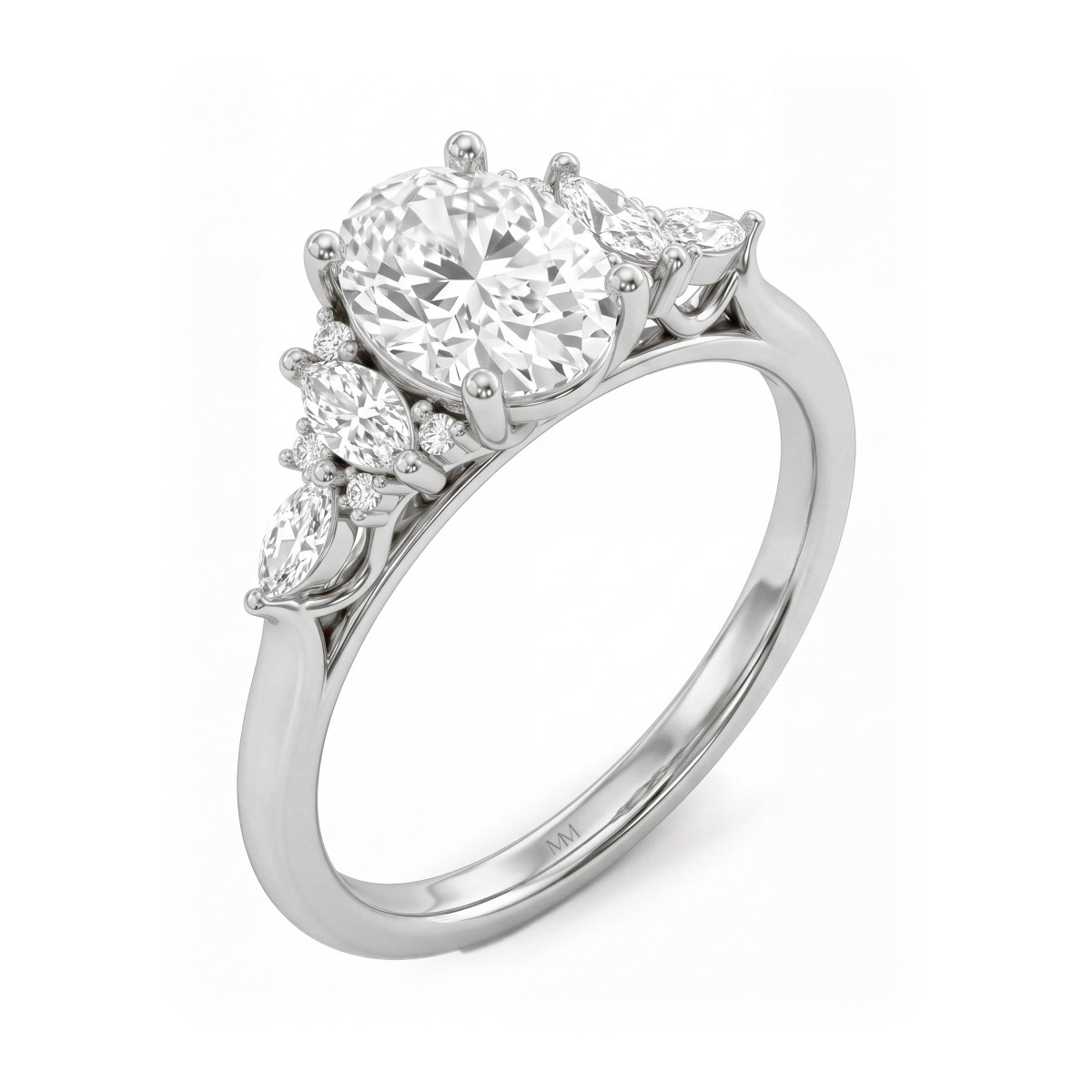 Ondine - anello con moissanite ovale e spalle con pietre marquise a grappolo