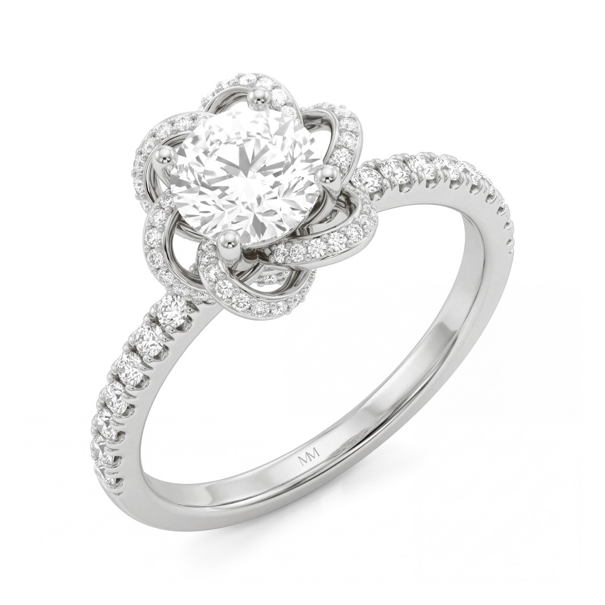 Camellia - anello con moissanite rotonda e petali a nastro in pavé