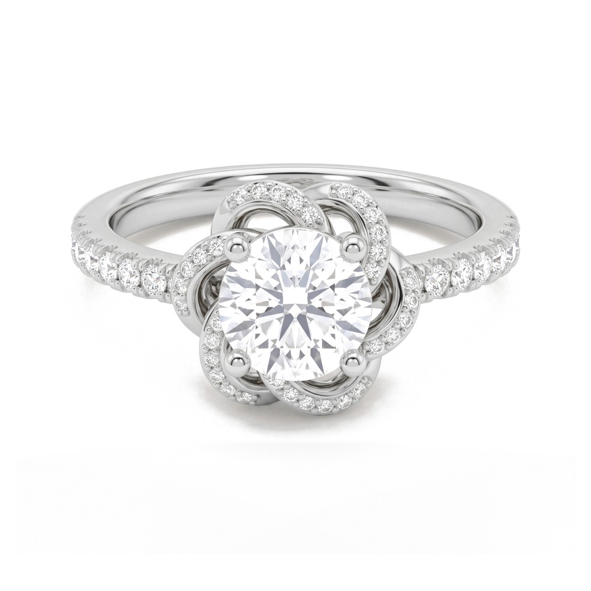 Camellia - anello con moissanite rotonda e petali a nastro in pavé