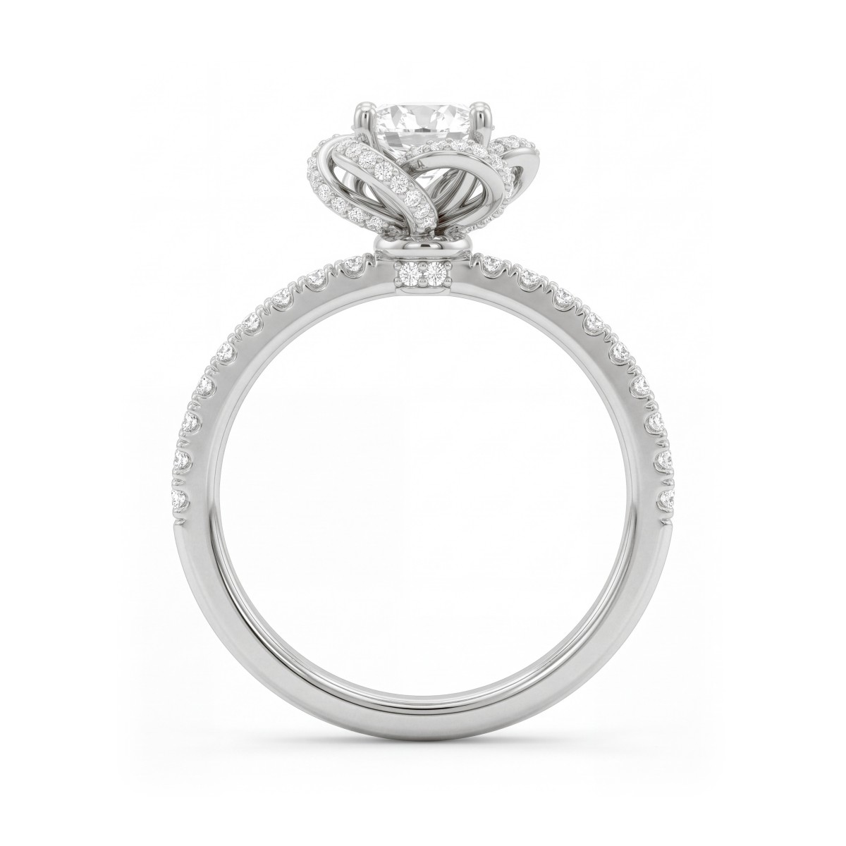 Camellia - anello con moissanite rotonda e petali a nastro in pavé
