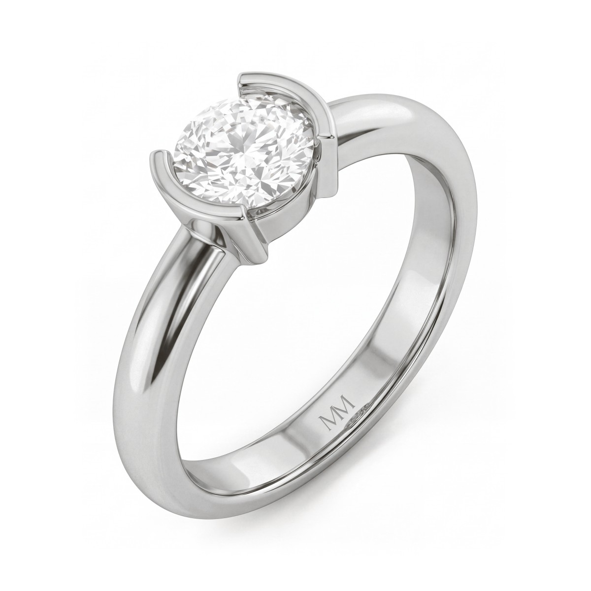 Demi - anello solitario con moissanite rotonda e incastonatura a semicastone