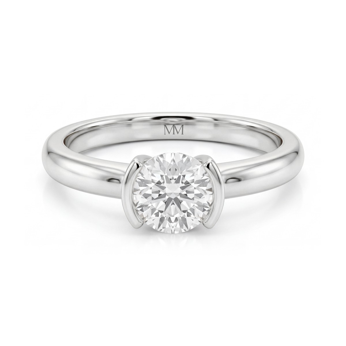 Demi - anello solitario con moissanite rotonda e incastonatura a semicastone