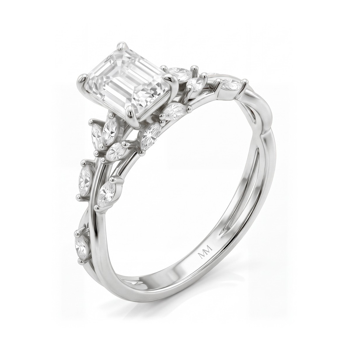 Eden - anello con moissanite taglio smeraldo e corpo dell’anello a tralcio con marquise
