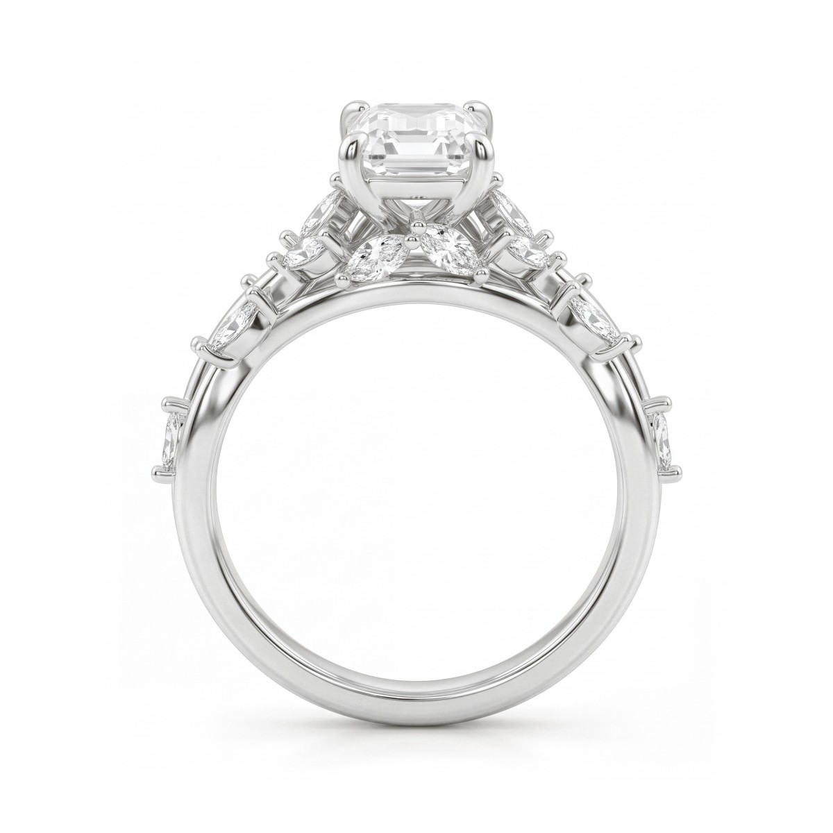 Eden - anello con moissanite taglio smeraldo e corpo dell’anello a tralcio con marquise