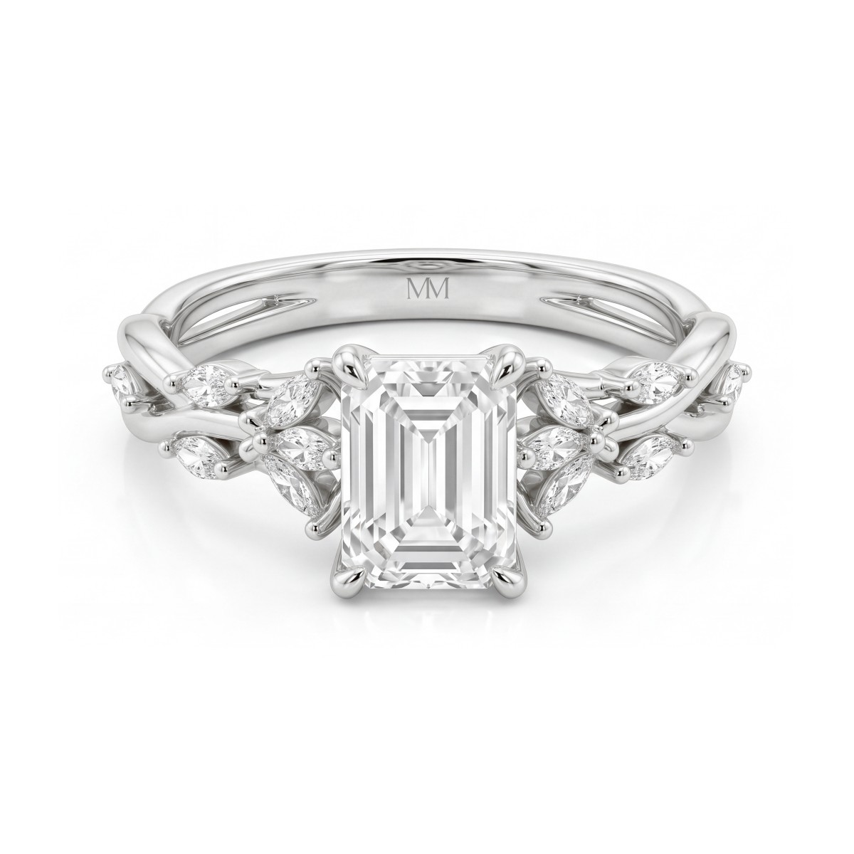 Eden - anello con moissanite taglio smeraldo e corpo dell’anello a tralcio con marquise