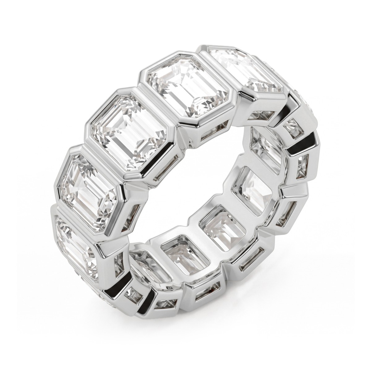 Devotion - anello eternity a tutto giro con moissanite con taglio smeraldo e incastonature a castone