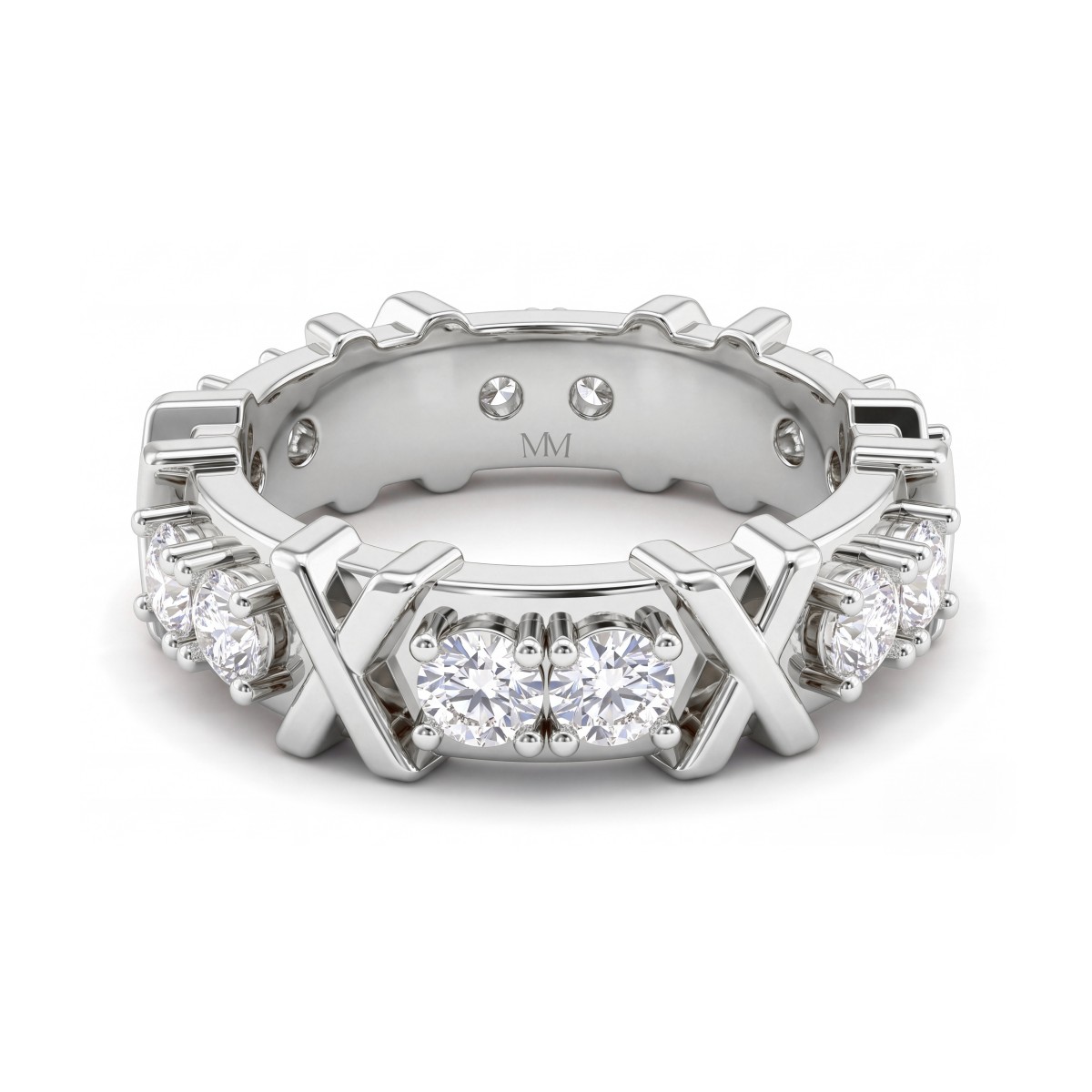 Duetta - anello eternity con moissanite rotonda e motivi a X