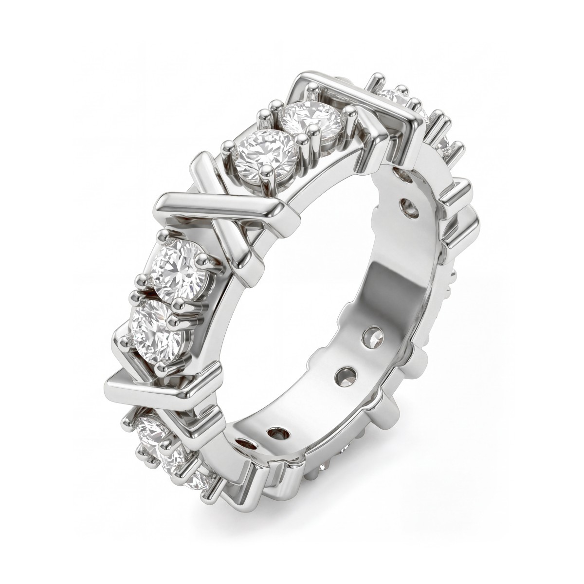 Duetta - anello eternity con moissanite rotonda e motivi a X