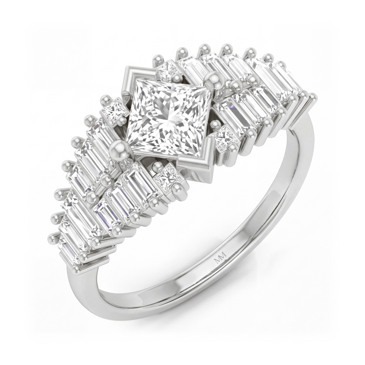 Princelle - anello art déco con moissanite taglio princess e spalle con baguette a gradini