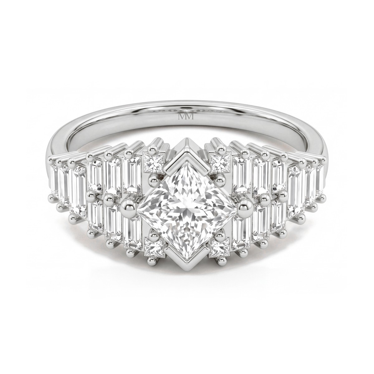 Princelle - anello art déco con moissanite taglio princess e spalle con baguette a gradini