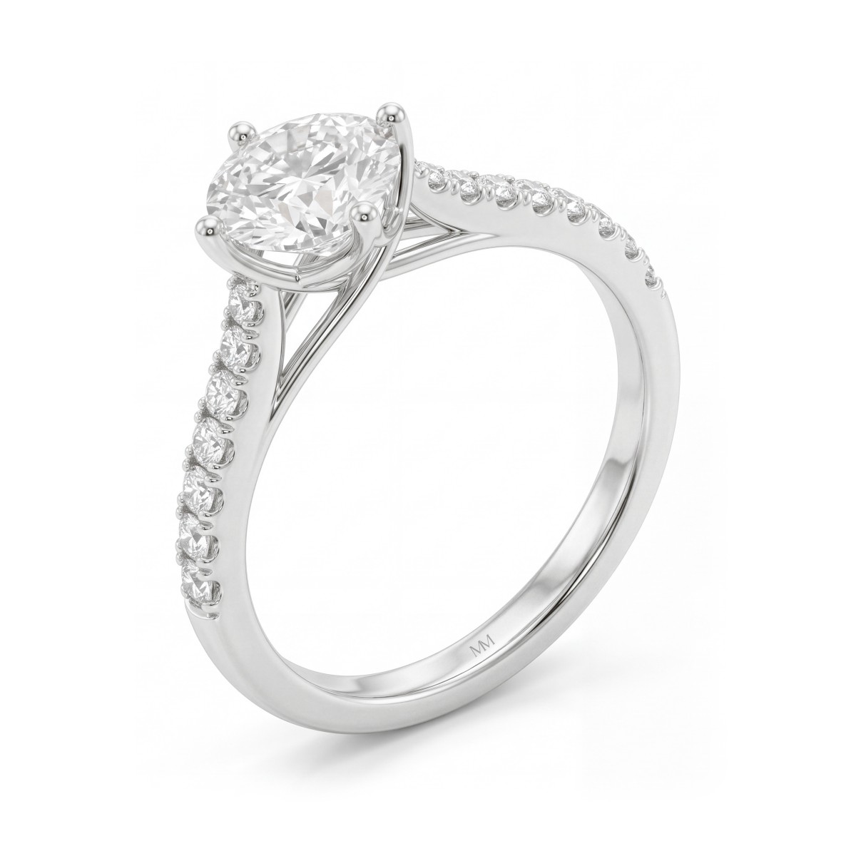 Cadence - anello di fidanzamento con moissanite rotonda, incastonatura a traliccio e pavé a scalare