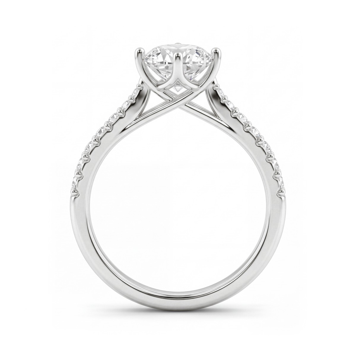 Cadence - anello di fidanzamento con moissanite rotonda, incastonatura a traliccio e pavé a scalare