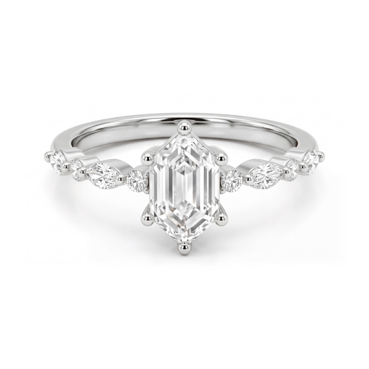 Prisma - anello di fidanzamento con moissanite a esagono allungato e pietre laterali marquise e rotonde