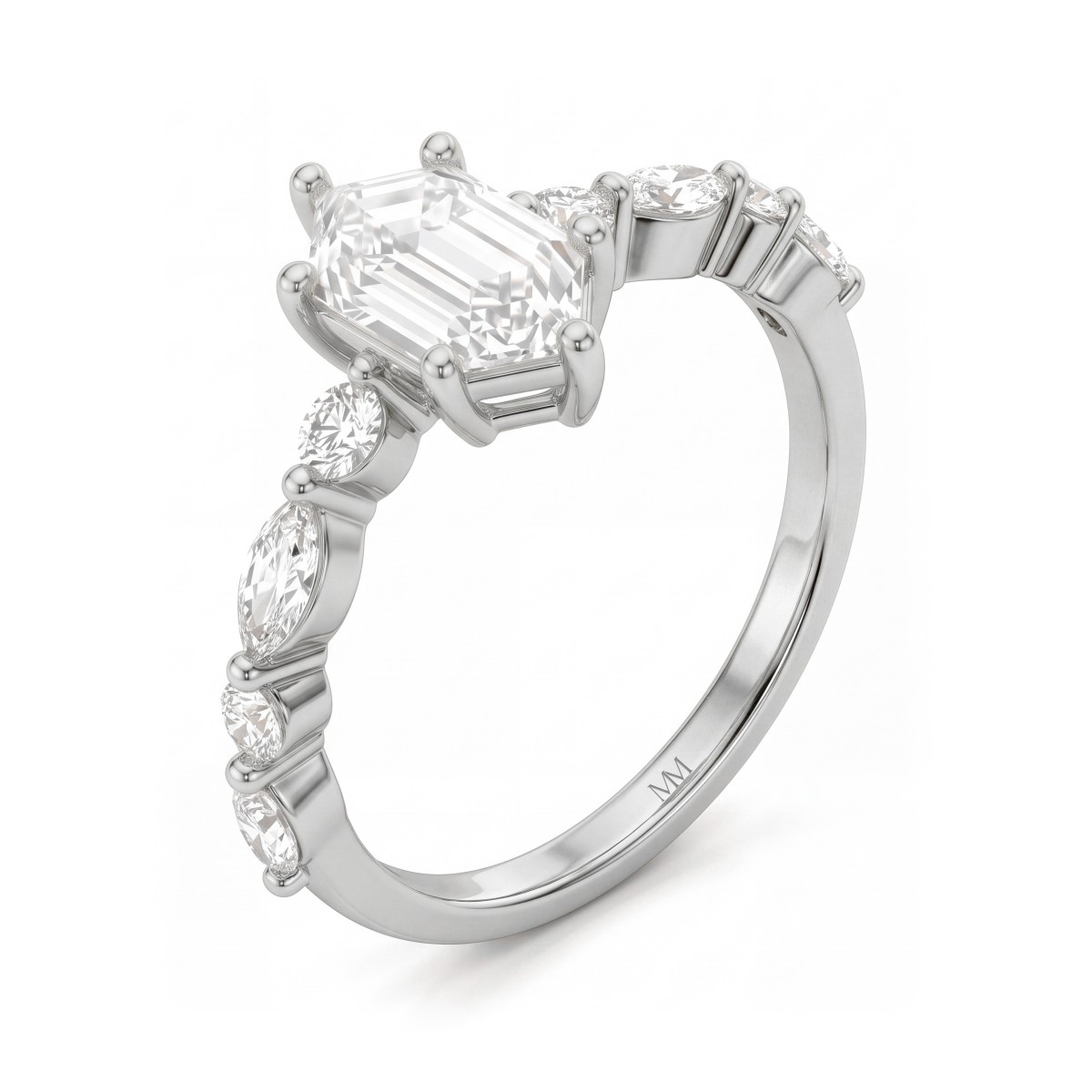 Prisma - anello di fidanzamento con moissanite a esagono allungato e pietre laterali marquise e rotonde