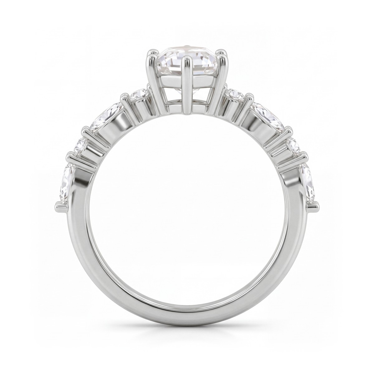 Prisma - anello di fidanzamento con moissanite a esagono allungato e pietre laterali marquise e rotonde