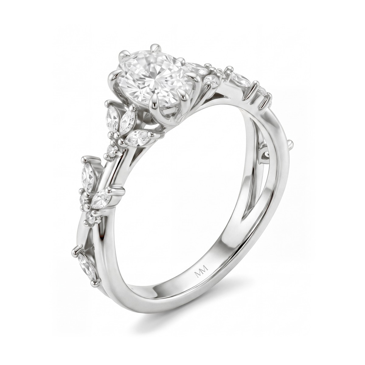 Sylvaine - anello di fidanzamento con moissanite ovale, gruppi di pietre marquise a motivo di foglia e gambo sdoppiato